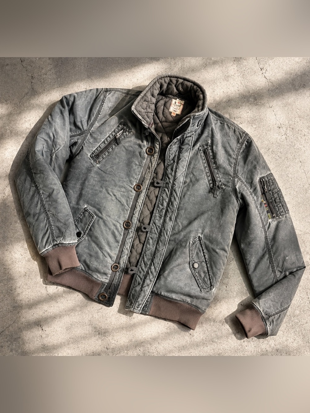 Men's Vintage Y2K Triple Five Soul 555 Soul Distressed Moto Bomber Jacket Gray M